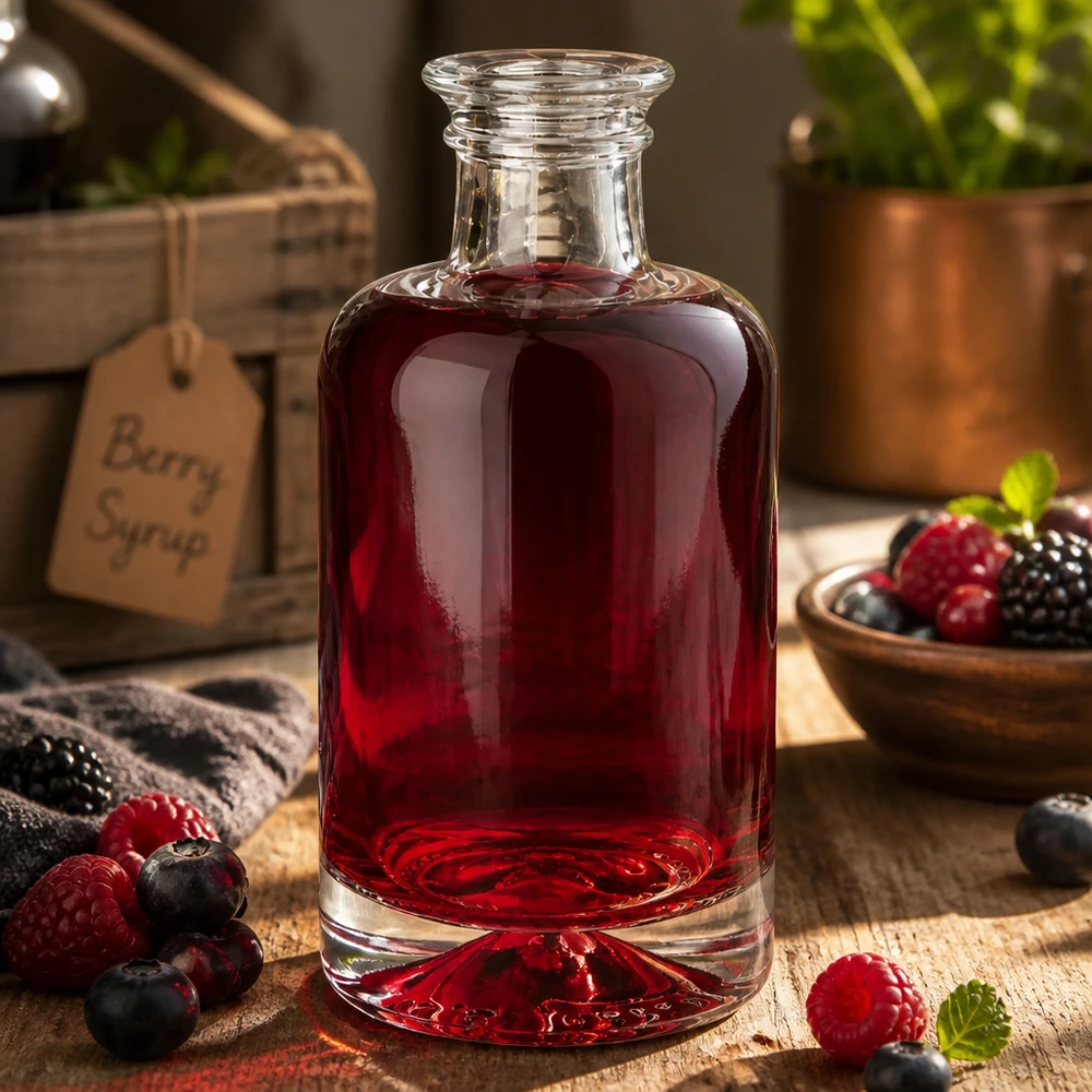 Bottiglia in vetro Sofia da 100 ml riempita di succo di bacche rosse circondata da bacche fresche su uno sfondo rustico in legno