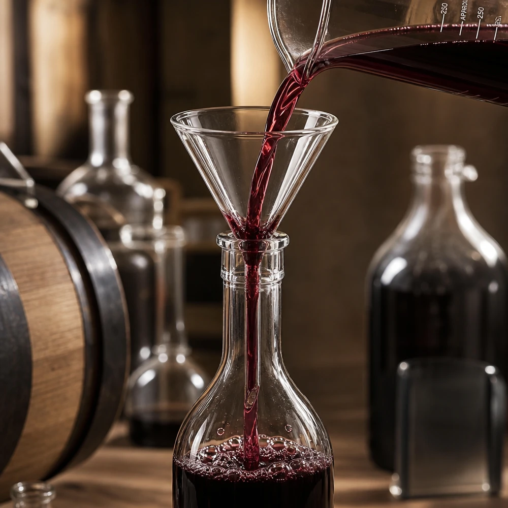 Imbuto Ø 35mm per calce sodata, angolo 60°, stile corto Imbuto da laboratorio trasparente da 35 mm con angolo di 60 gradi in robusto vetro soda-lime per la produzione di vino