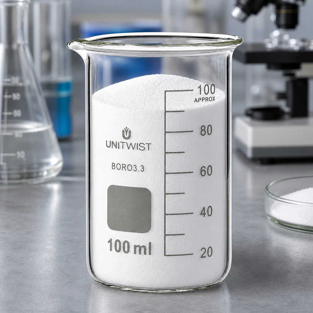 Bicchiere da 100 ml in borosilicato, forma alta UNITWIST Vaso di vetro UNITWIST da 100 ml, forma alta, in borosilicato, contenente polvere bianca in laboratorio