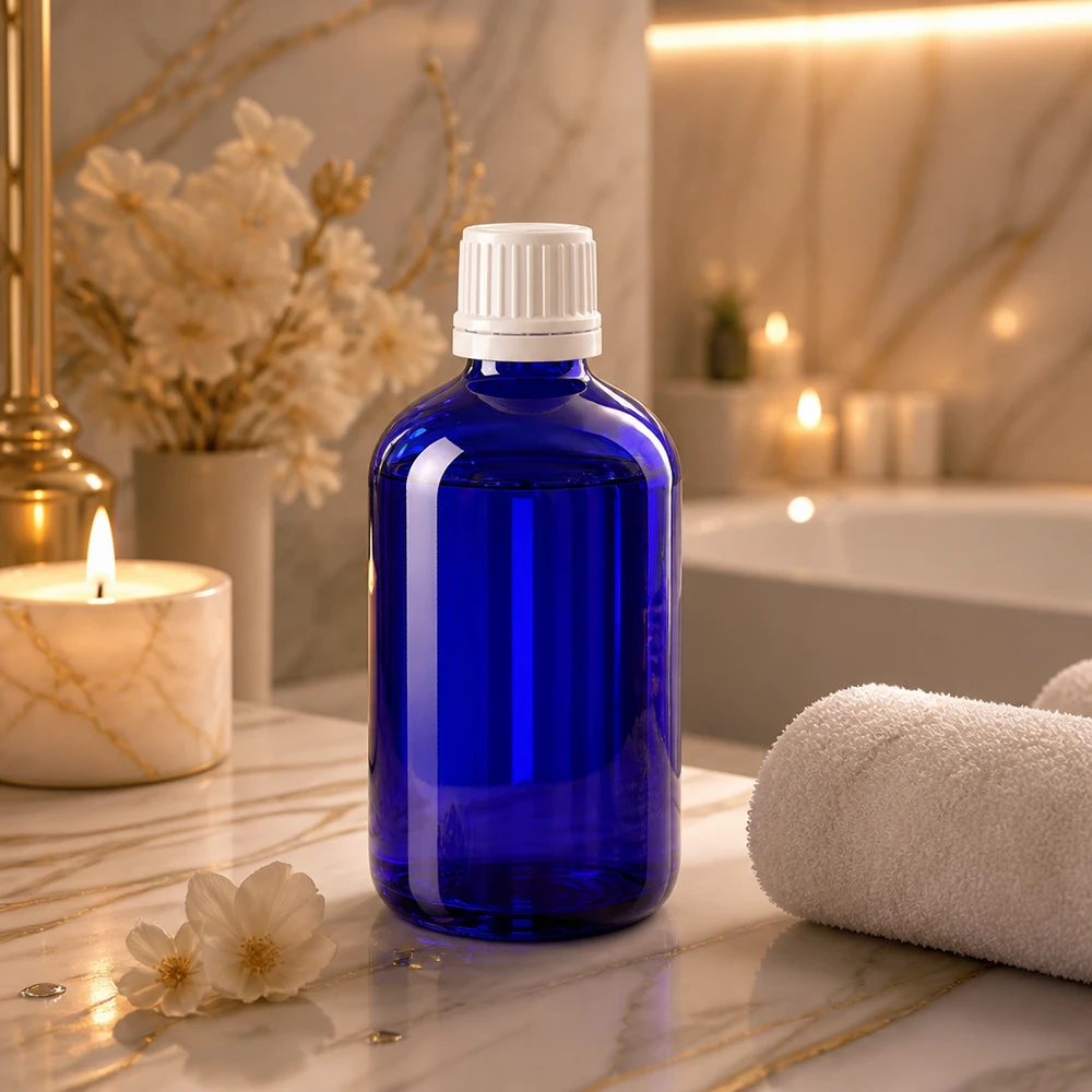 Apothekenflasche blau 100ml Schraubverschluss weiß Originalitätsverschluss Blaue Tropfflasche 100ml Glas mit weißem Deckel 11mm umgeben von Blüten und Teelichtkerzen
