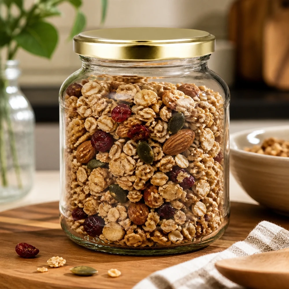 Barattolo ovale da 370 ml con coperchio BasicSeal dorato riempito con mix di frutta secca e noci - Barattolo UNiTWIST per il muesli