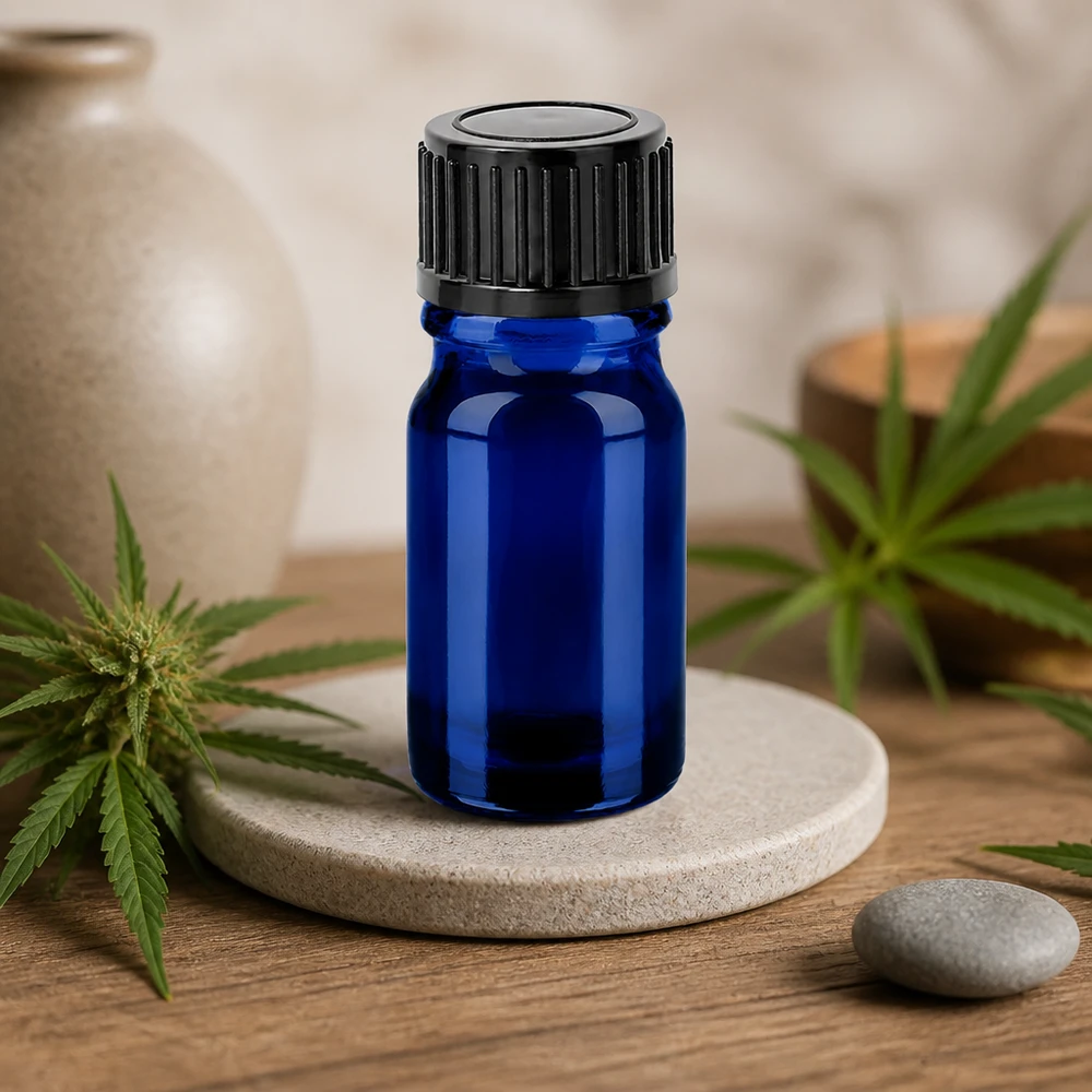 Flacone in vetro blu da 5 ml con tappo a vite nero per cosmetici e benessere