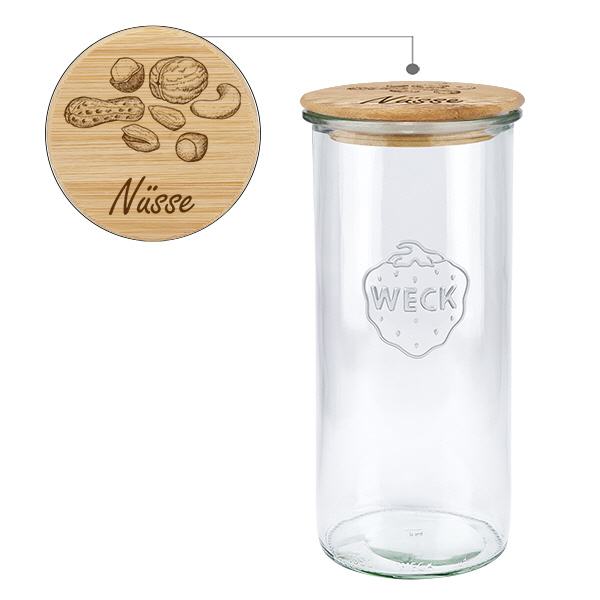 Holzdeckelset "Nüsse" mit WECK Sturzglas 1500ml Holzdeckelset "Nüsse" mit WECK Sturzglas 1500ml