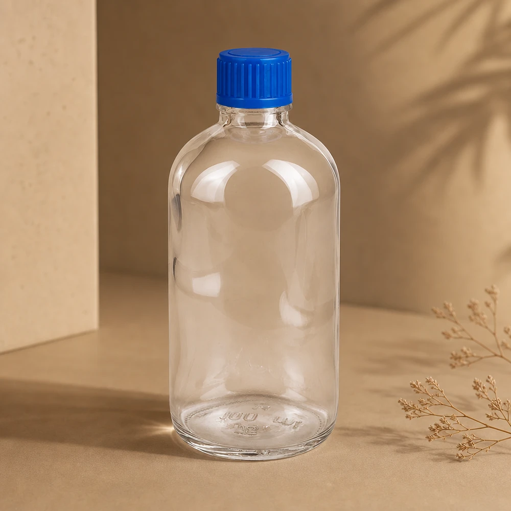 Piccola bottiglia in vetro trasparente da 100 ml ClearLine UT18 con tappo in plastica blu STD 11 mm SV