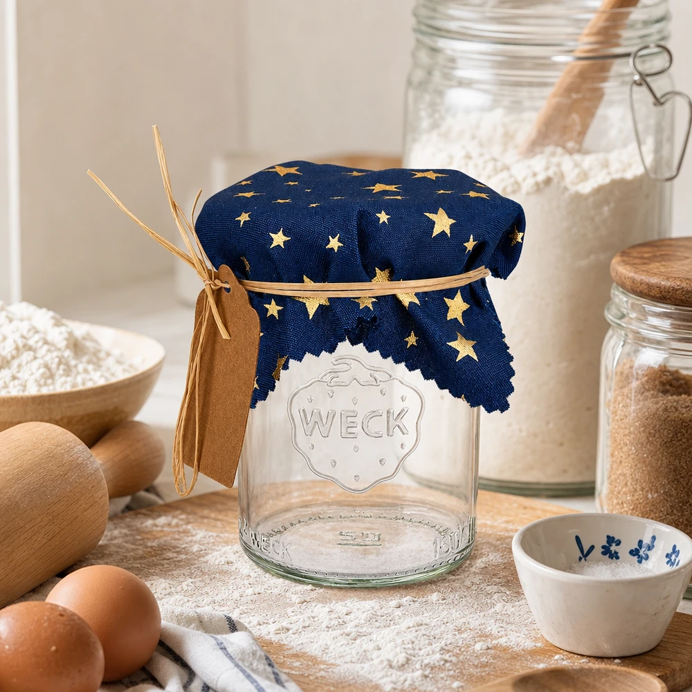 Centrino per gioielli in tessuto blu "stelle" 12cm quadrato Centrino blu a forma di stella di 12 cm su un barattolo da conserva vuoto in una cucina rustica con uova, farina e ingredienti per la cottura.