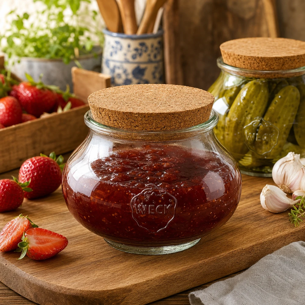 Barattolo WECK da 560 ml con coperchio in sughero nella cucina rustica, pieno di marmellata accanto a fragole e cetriolini