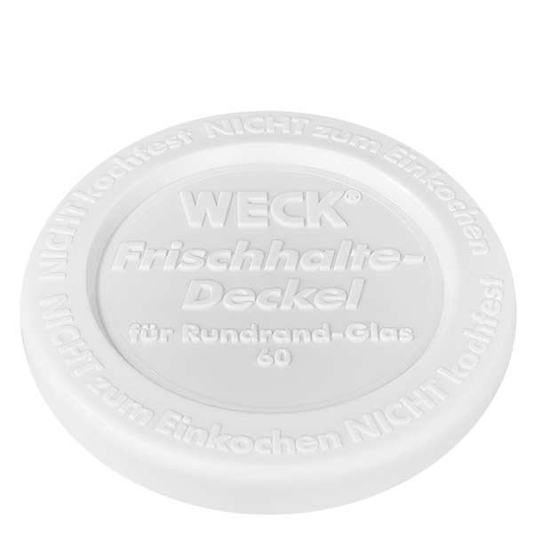 50ml Sturzglas mit Frischedeckel WECK RR60 Weißer Frischedeckel vom WECK 50ml Sturzglas RR60 mit Herstellerprägung und Größenangabe in Detailaufnahme