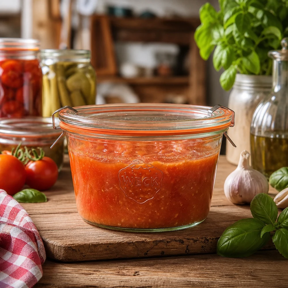 370ml Sturzglas komplett WECK RR100 WECK RR100 Sturzglas 370ml in rustikaler Küche mit Tomatensauce gefüllt zeigt praktische Verwendung zum Einmachen