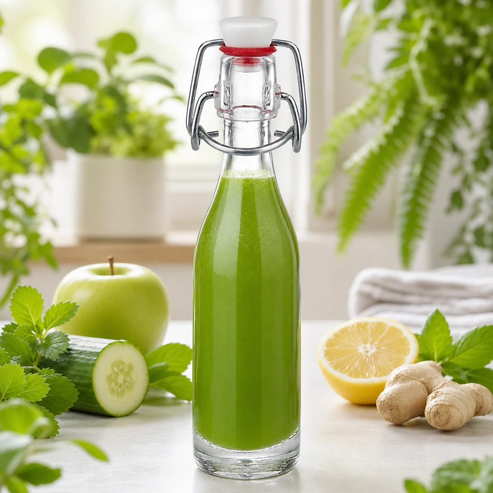 Bottiglia in vetro da 50 ml + tappo girevole in PVC UNiTWIST Bottiglia di vetro da 50 ml di UNiTWIST riempita di frullato verde con cetriolo, mela, zenzero e limone come bevanda salutare.