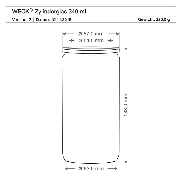 Barattolo di vetro cilindrico WECK RR60 da 340 ml Disegno tecnico del vaso cilindrico WECK da 340 ml con dimensioni Altezza 133 mm Diametro 63 mm Peso 225 g RR60