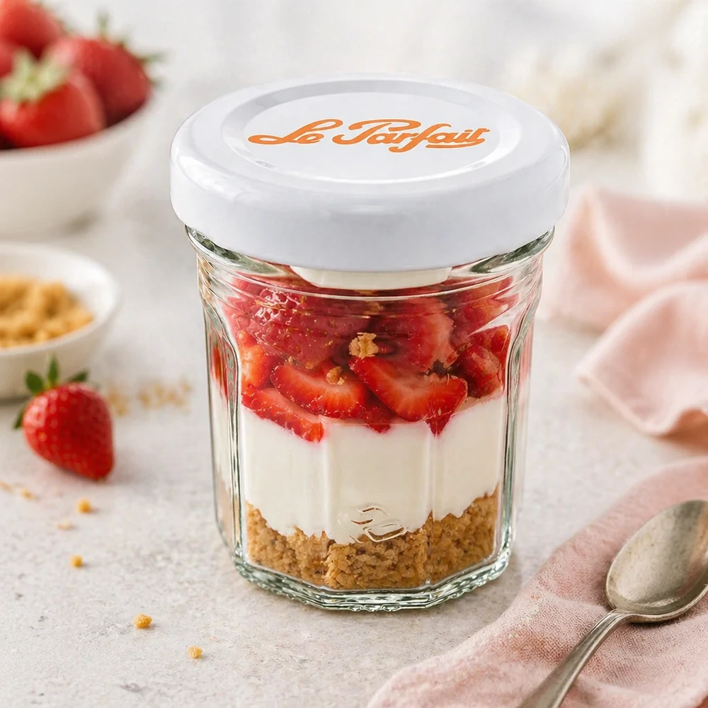 Le Parfait® Mini‑Jam 44 ml Ø48 mm vaso Mini tumbler Le Parfait da 44 ml come bicchiere da dessert con fragole, crema e base di biscotto - uso versatile