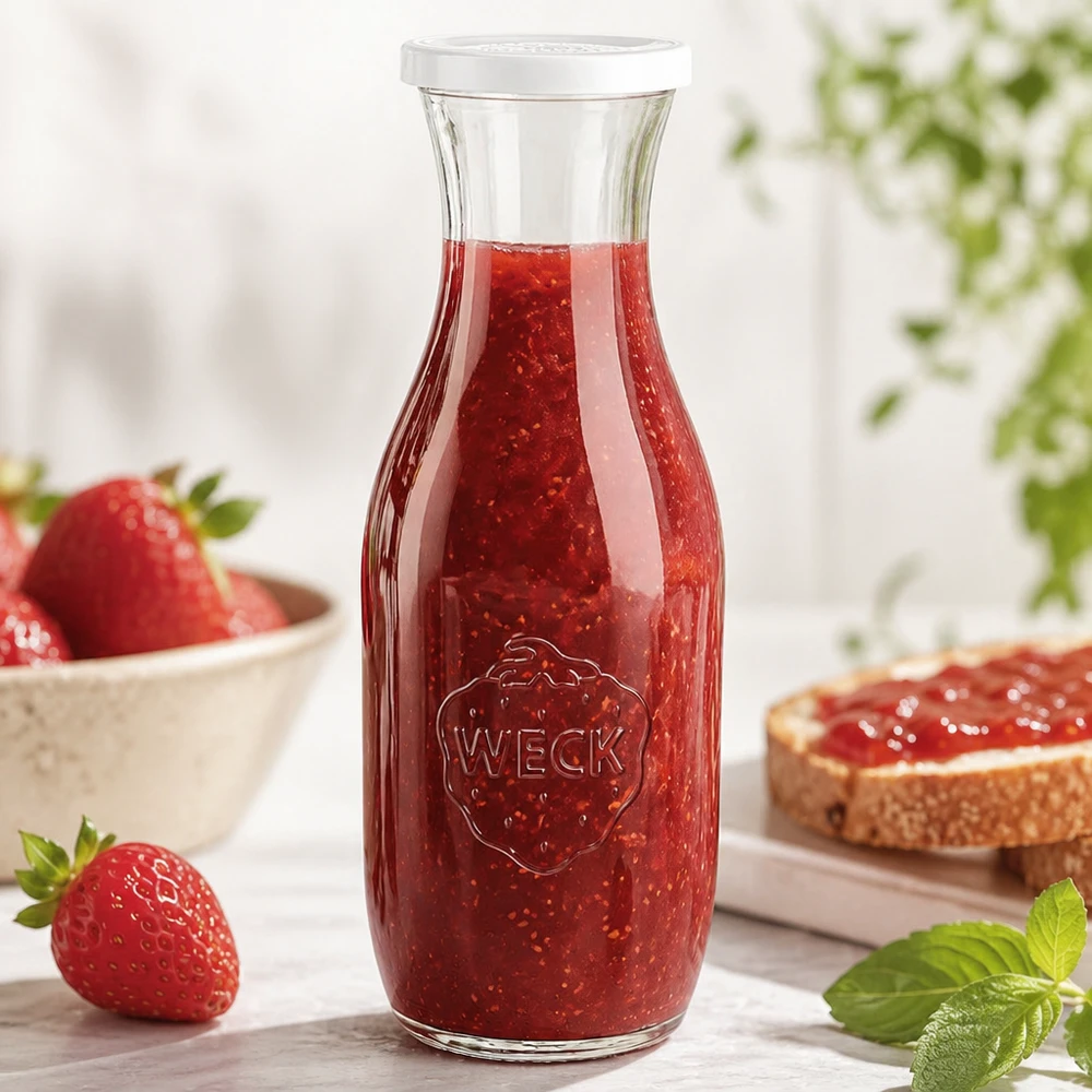 Bottiglia per succhi da 1062 ml con coperchio salva-freschezza WECK RR60 Bottiglia di vetro WECK da 1062 ml riempita di marmellata di fragole accanto a fragole fresche e pane spalmabile