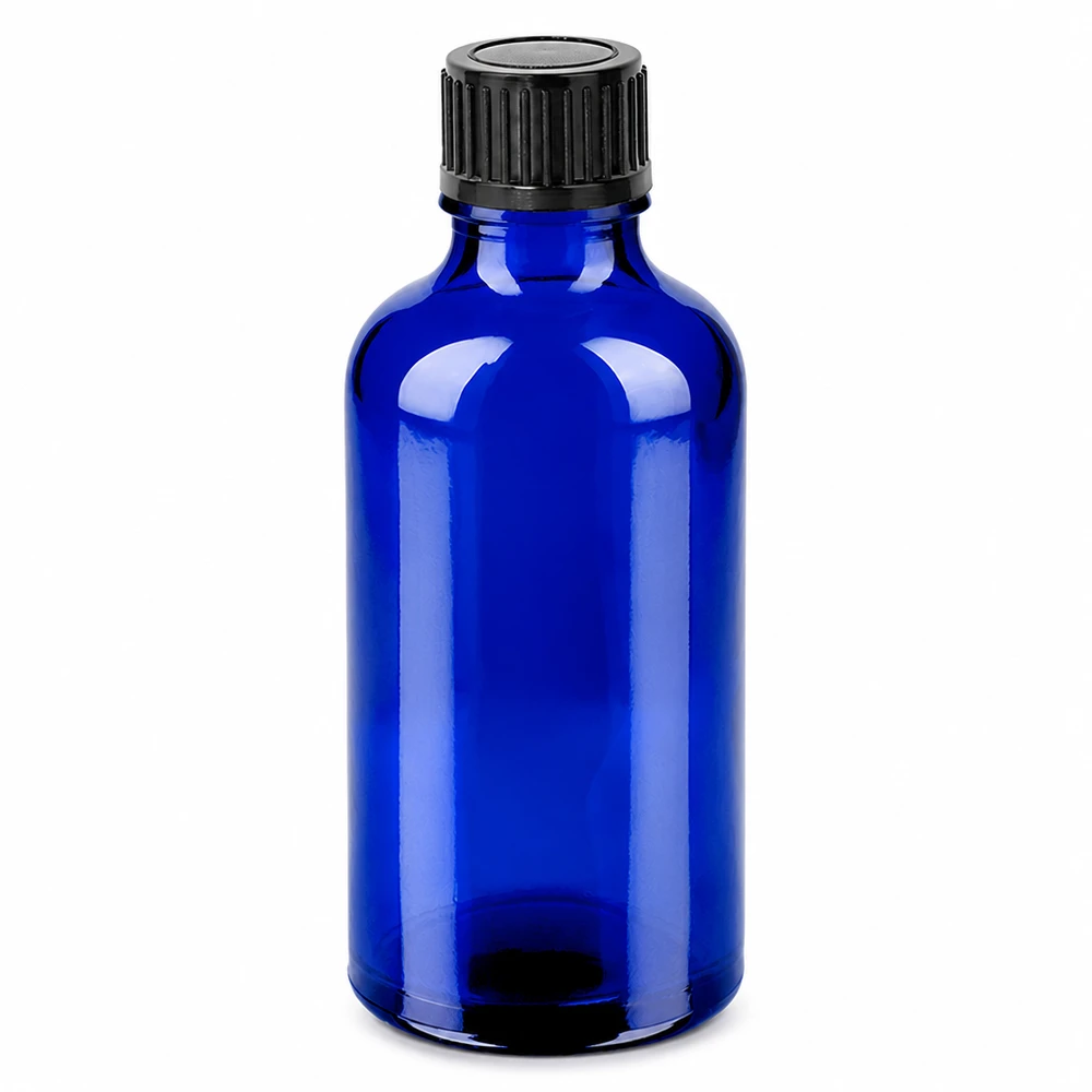Flacon 50ml 11mm SV noir STD BlueLine UT18/50 Flacon en verre BlueLine 50ml protection UV bleu cobalt avec bouchon vissant noir