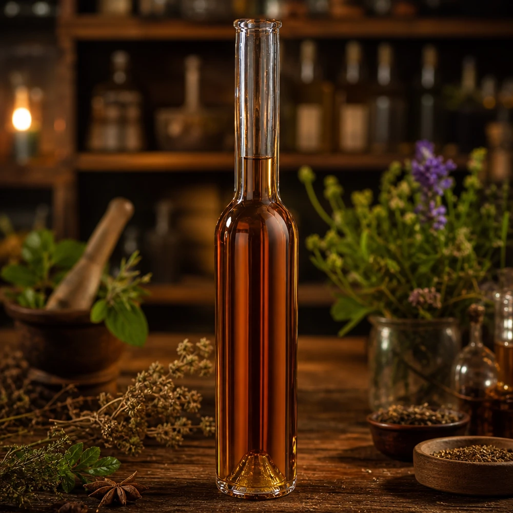 200ml Glasflasche Hugo braun befüllt Kräuterlikör Apothekerflasche Gewürze Heilkräuter vintage Ambiente