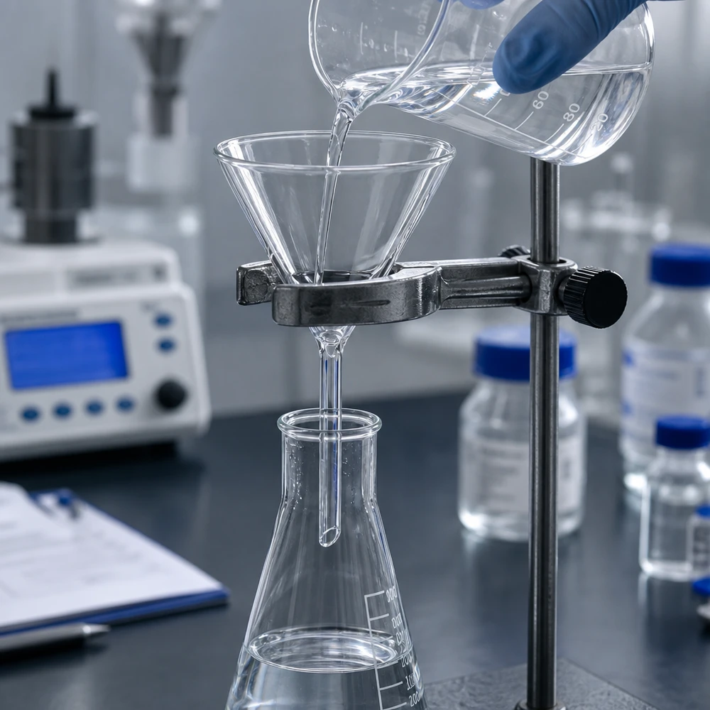 Imbuto Ø 80mm per calce sodata, angolo 60°, stile corto Imbuto da laboratorio in vetro sodico-calcico con angolo di 60 gradi e diametro di 80 mm per una filtrazione precisa