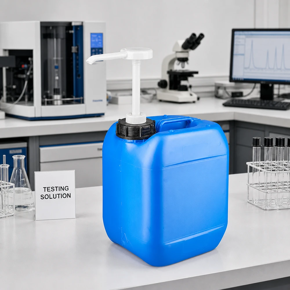 Kanister 5 Liter blau mit Dosierpumpe Tragbarer blauer 5L Vorratsbehälter mit Dosierpumpe für Laborreagenzien auf weißer Arbeitsfläche