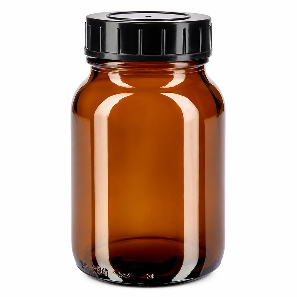 Bottiglia da 250 ml in vetro ambrato a collo largo con tappo a vite nero per una conservazione sicura