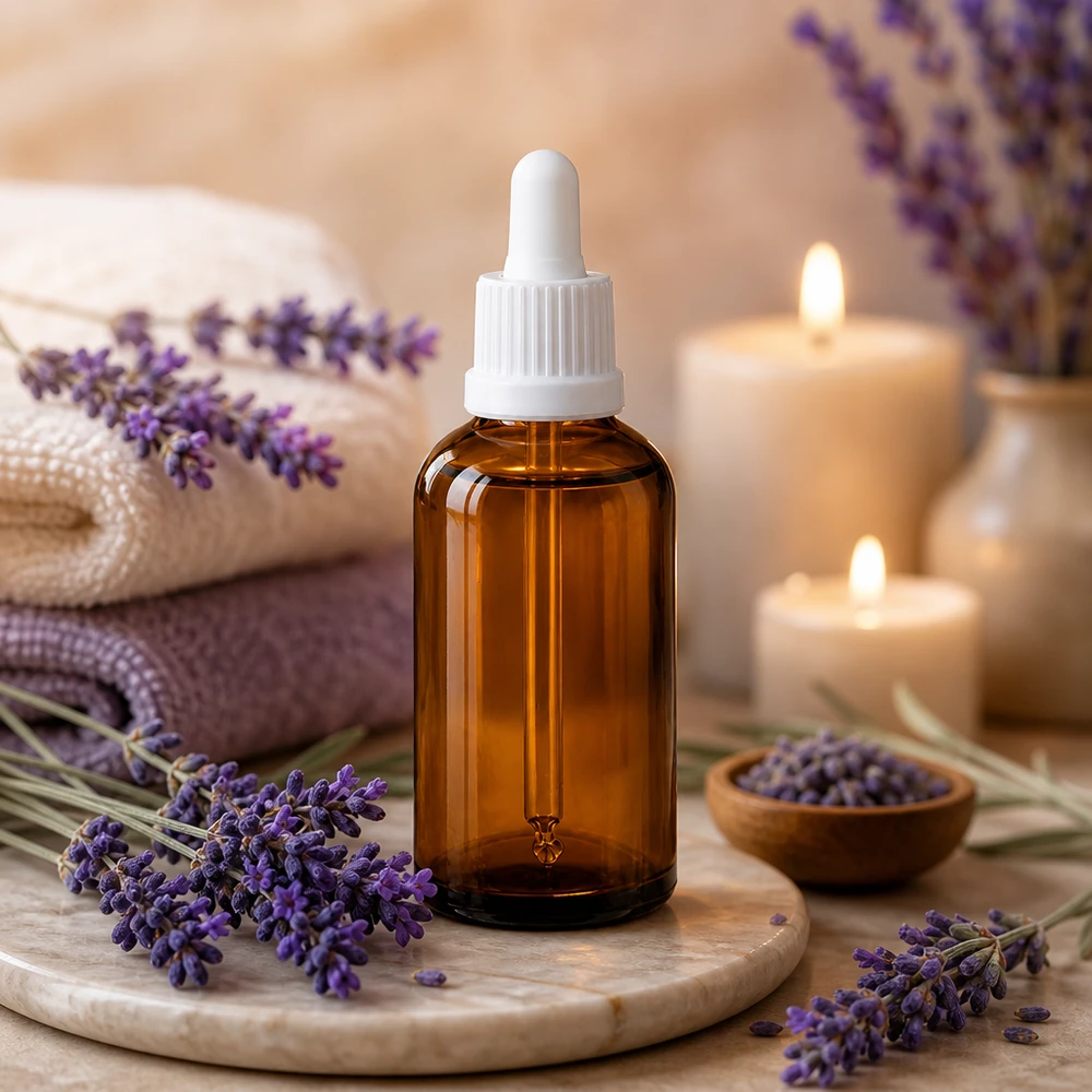 Bouteille à pipette de 50 ml de haute qualité en verre brun avec bouchon compte-gouttes blanc pour huiles essentielles