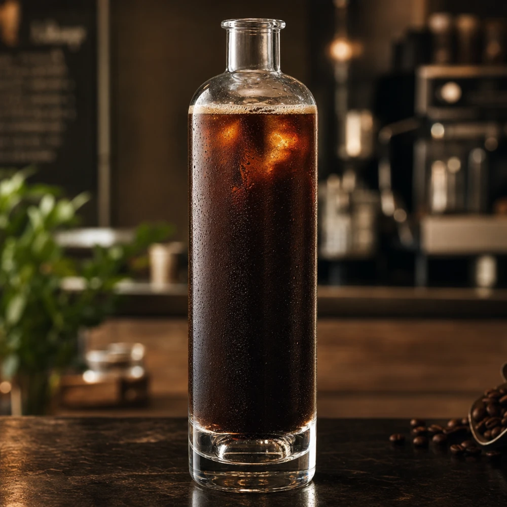 Bottiglia di vetro da 500 ml Ella riempita di caffè freddo in cucina di forma cilindrica senza tappo Esempio di applicazione UNiTWIST