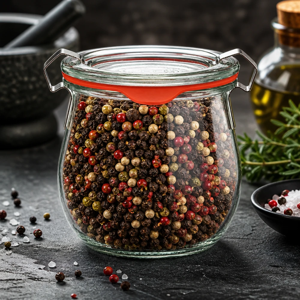 Vaso di vetro WECK da 220 ml a forma di tulipano con miscela di pepe "Rainbow Peppercorns", con coperchio e chiusura a clip