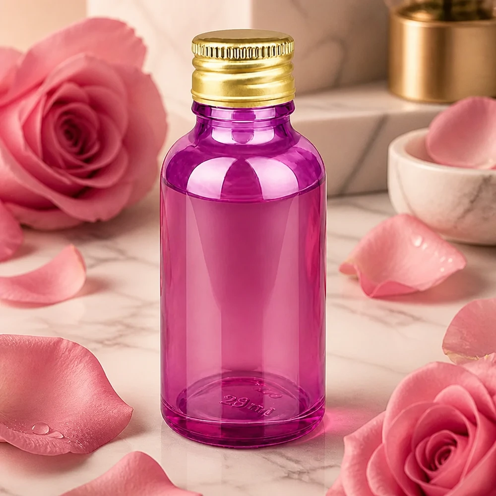 30ml Flasche 11mm Schraubverschluss Alu-Gold Standard PurpleLine. UT18/30 Kompakte 30ml Flasche in Purple-Optik mit glänzendem Gold-Verschluss für DIY-Kosmetik