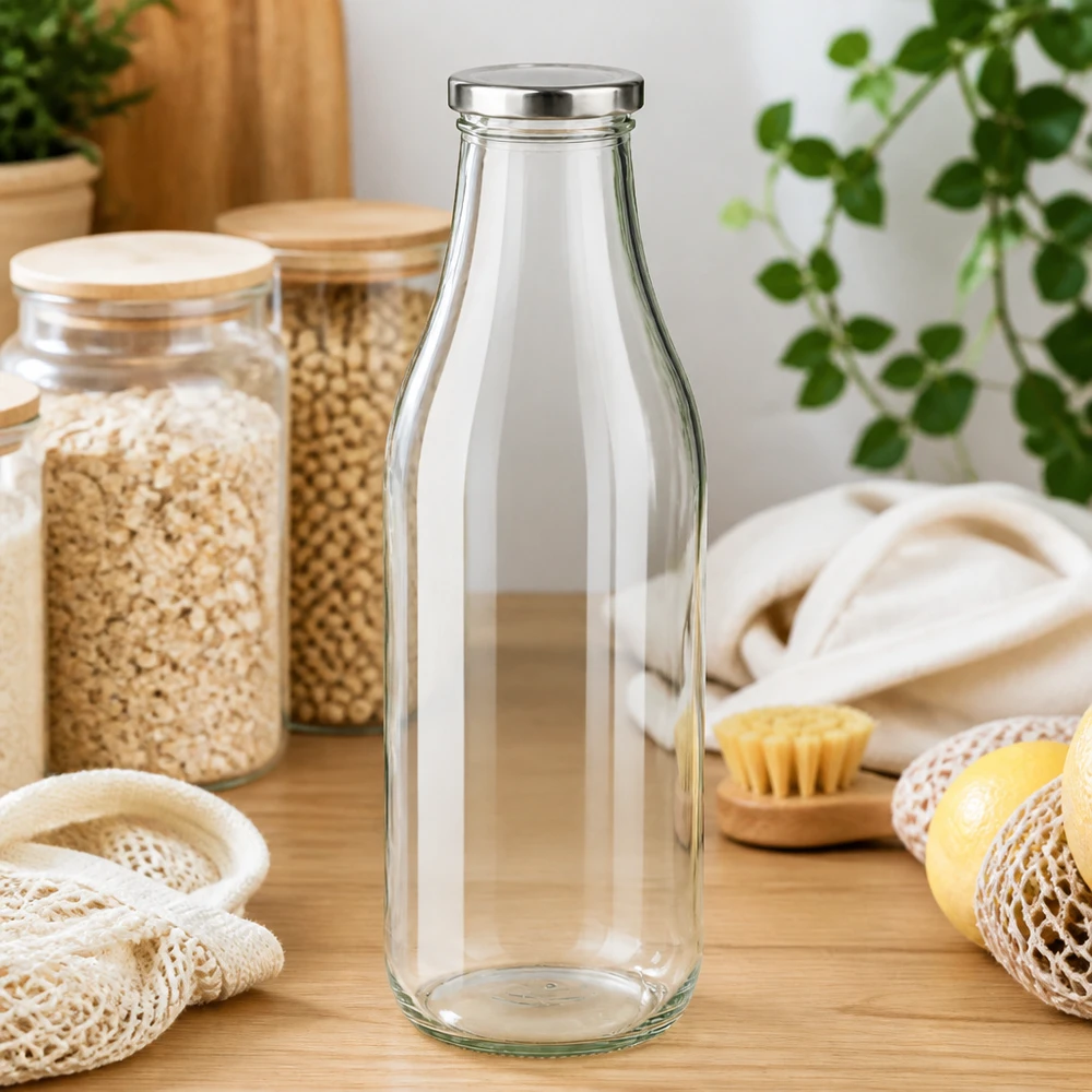 Bottiglia di vetro da 1000 ml + coperchio BasicSeal argento UN.. Bottiglia in vetro argentato BasicSeal da 1000 ml su un tavolo di legno con accessori da cucina e piante sostenibili Stile di vita a rifiuti zero