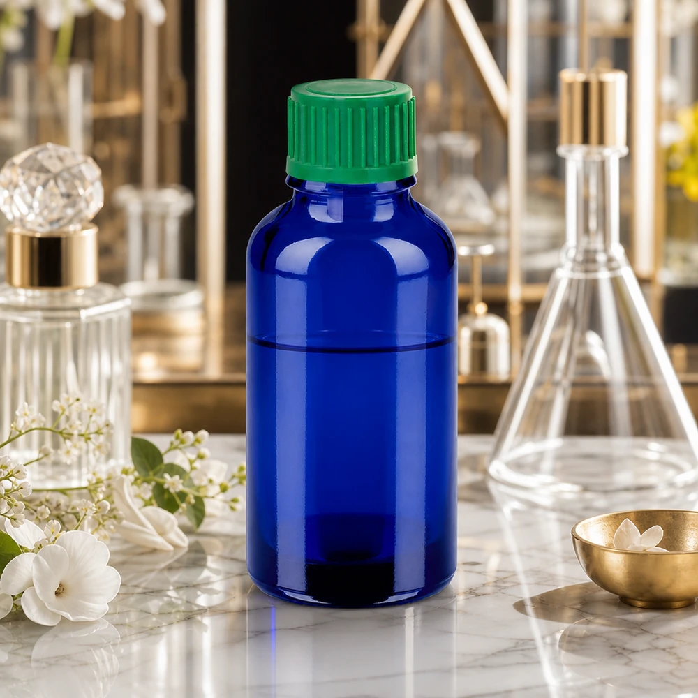 Pratico flacone in vetro blu da 30 ml con tappo salvagoccia, per un utilizzo in movimento.