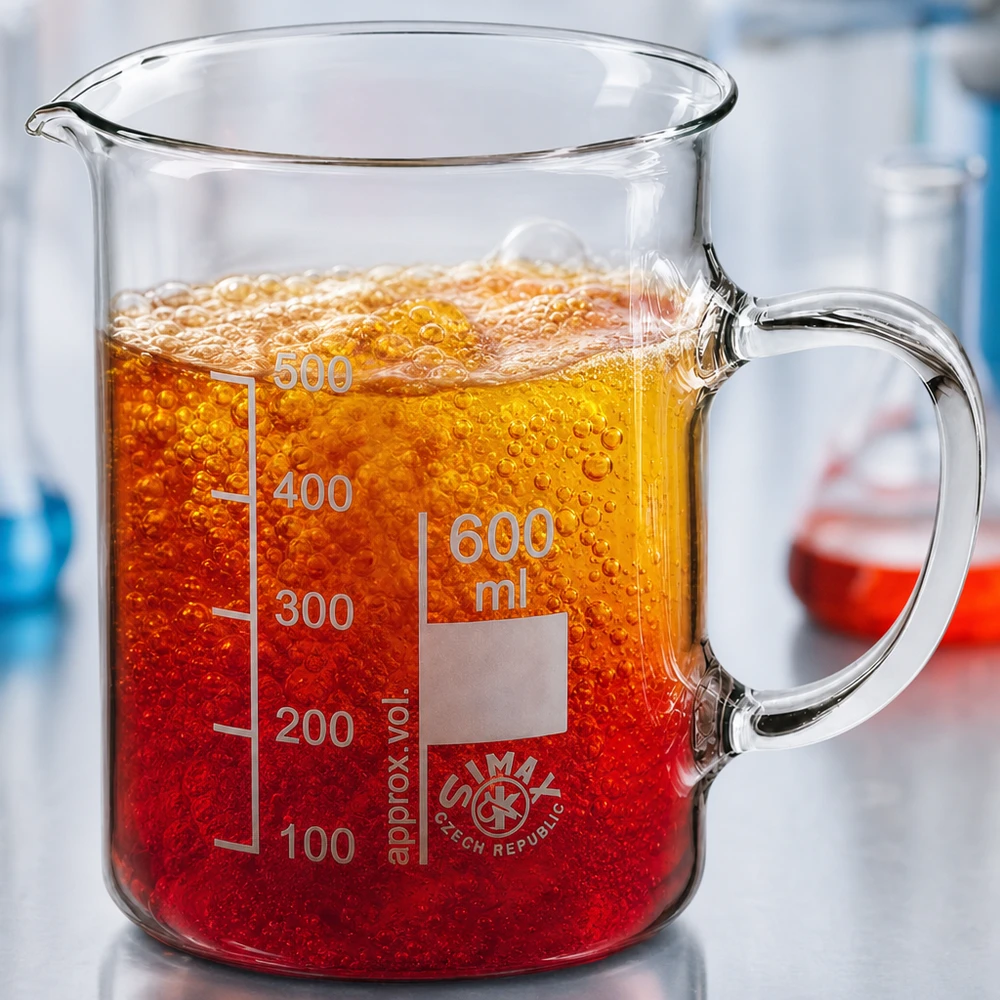 Bicchiere da 600 ml in vetro borosilicato, con manico Becher da 600 ml con manico, pieno di un liquido schiumoso di colore rosso-arancio, in laboratorio