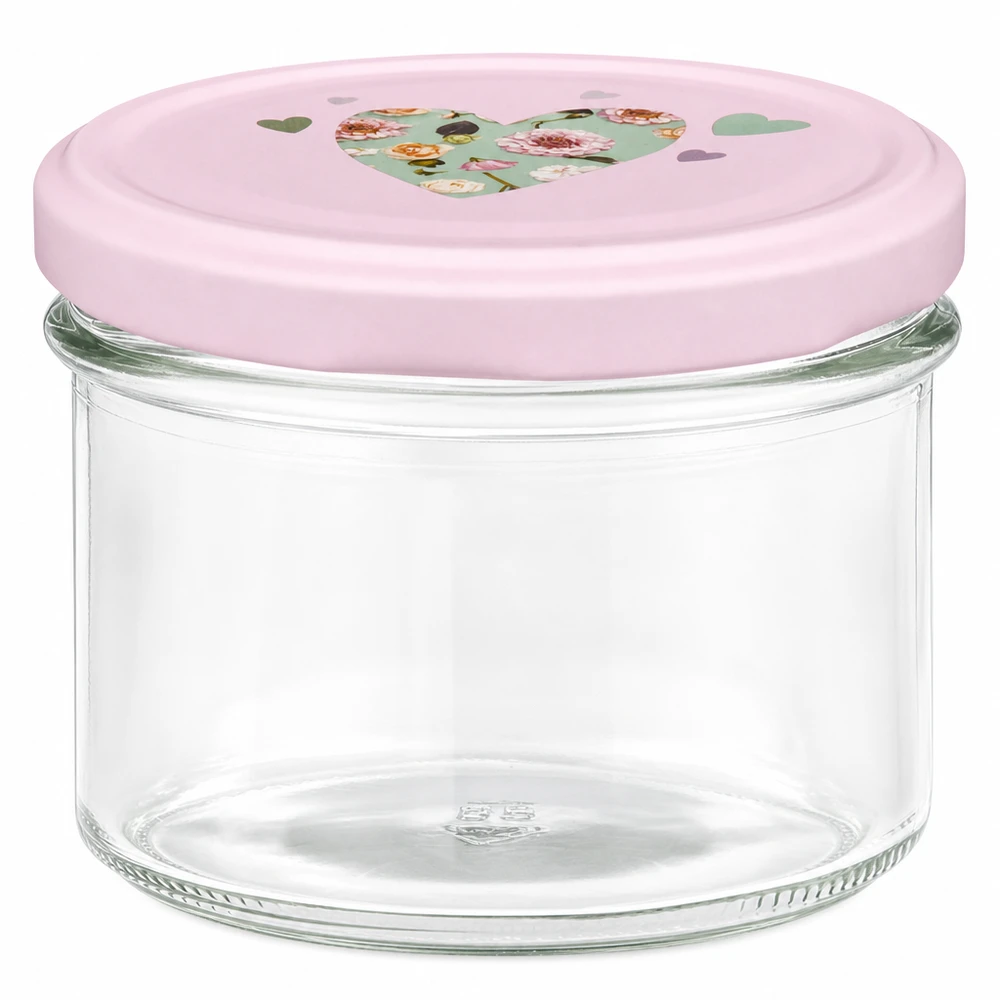 225ml Sturzglas + BasicSeal Deckel Herz rosa UNiTWIST 225ml Sturzglas mit rosa BasicSeal Deckel und Herzmotiv für Marmelade und Einmachgläser