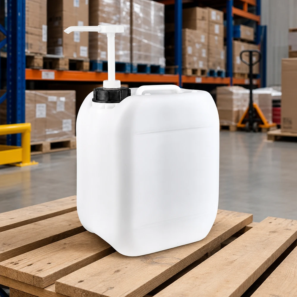 Jerrican de 5 litres avec pompe doseuse Bidon blanc de 5 litres muni d'une pompe doseuse, posé sur une palette en bois dans un entrepôt professionnel équipé de rayonnages en hauteur