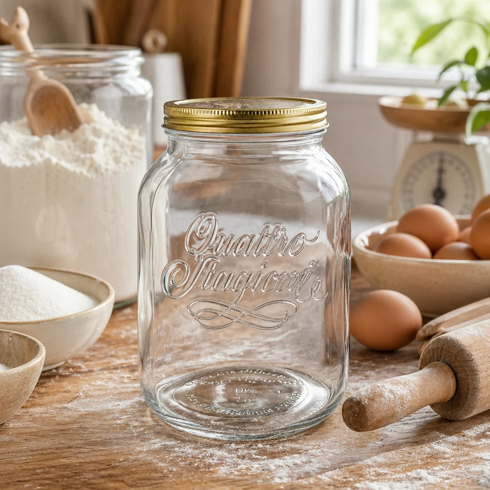 3000ml Rundglas "Quattro Stagioni" mit Deckel Quattro Stagioni 3000ml Glasdose in Küche mit Backzutaten Mehl Eiern und Nudelholz für Vorratshaltung