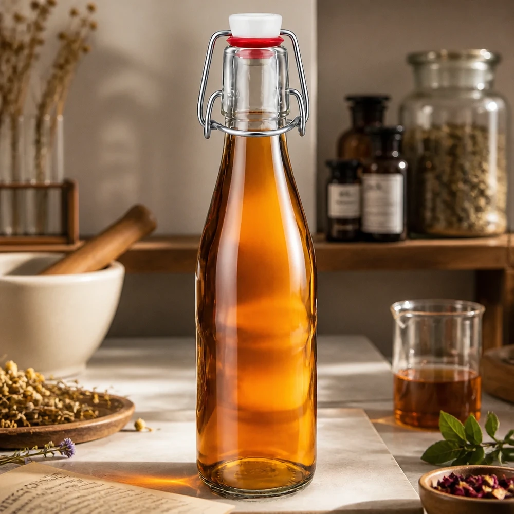 Bottiglia in vetro da 250 ml + tappo oscillante in porcellana UNiTWIST - Acquista qui! Bottiglia di vetro da 250 ml con tappo oscillante riempita di liquido ambrato in cucina rustica con spezie