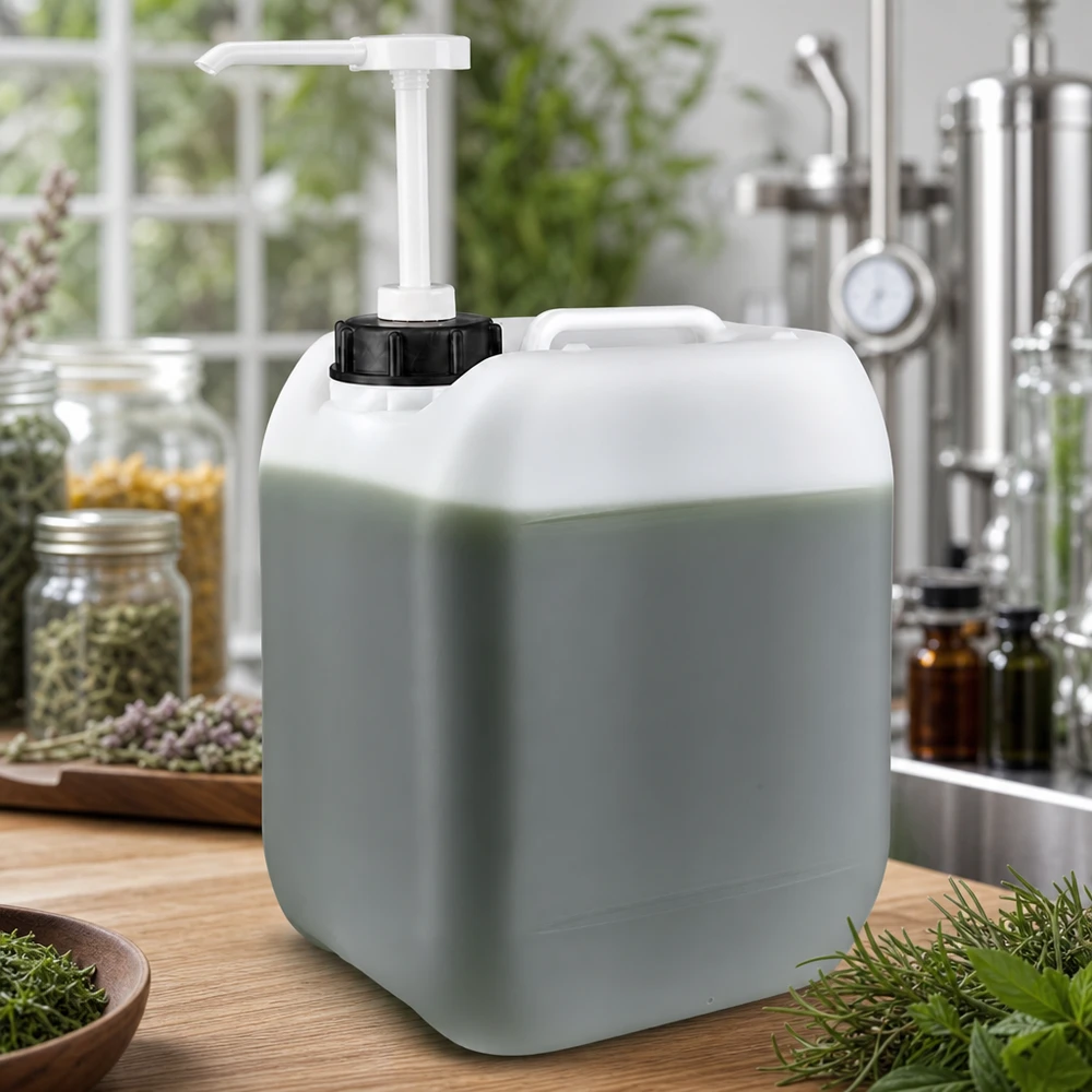 Jerrican de 5 litres avec pompe doseuse Bidon gris clair de 5 litres muni d'un distributeur à pompe, posé sur une surface en bois et entouré d'herbes fraîches
