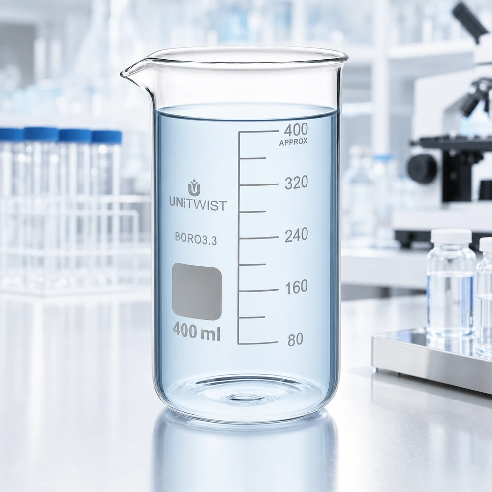 Bicchiere 400ml borosilicato, stampo alto UNITWIST Bicchiere da laboratorio da 400 ml, forma alta, con beccuccio e graduazione bianca su vetro borosilicato 3.3 UNITWIST