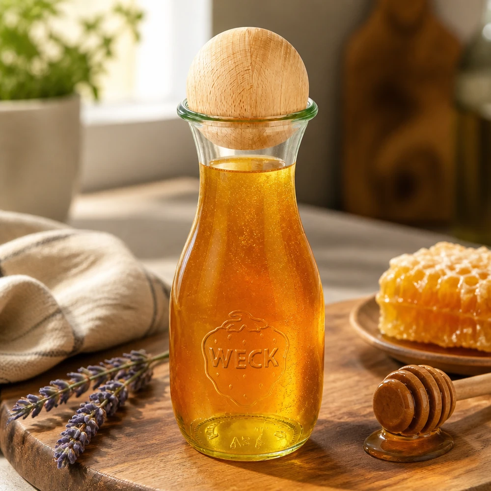 Bottiglia per succhi di frutta da 530 ml WECK RR60 con sfera in legno di faggio Bottiglia in vetro WECK da 530 ml riempita di miele e sfera in legno di faggio su tavola di legno decorata con nido d'ape e lavanda