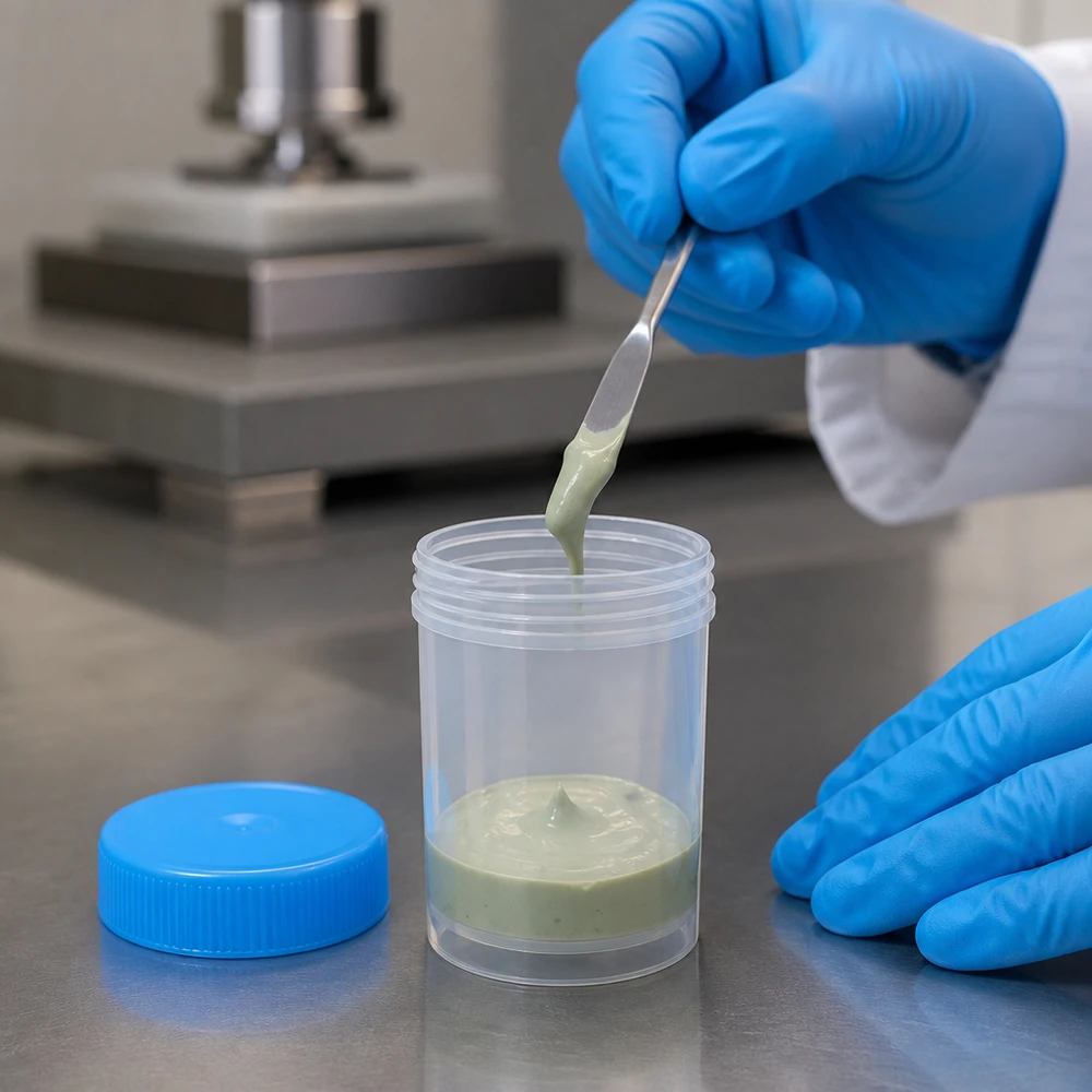 Une main gantée remplit un pot en plastique de 20 ml avec une crème verdâtre dans un laboratoire en salle blanche