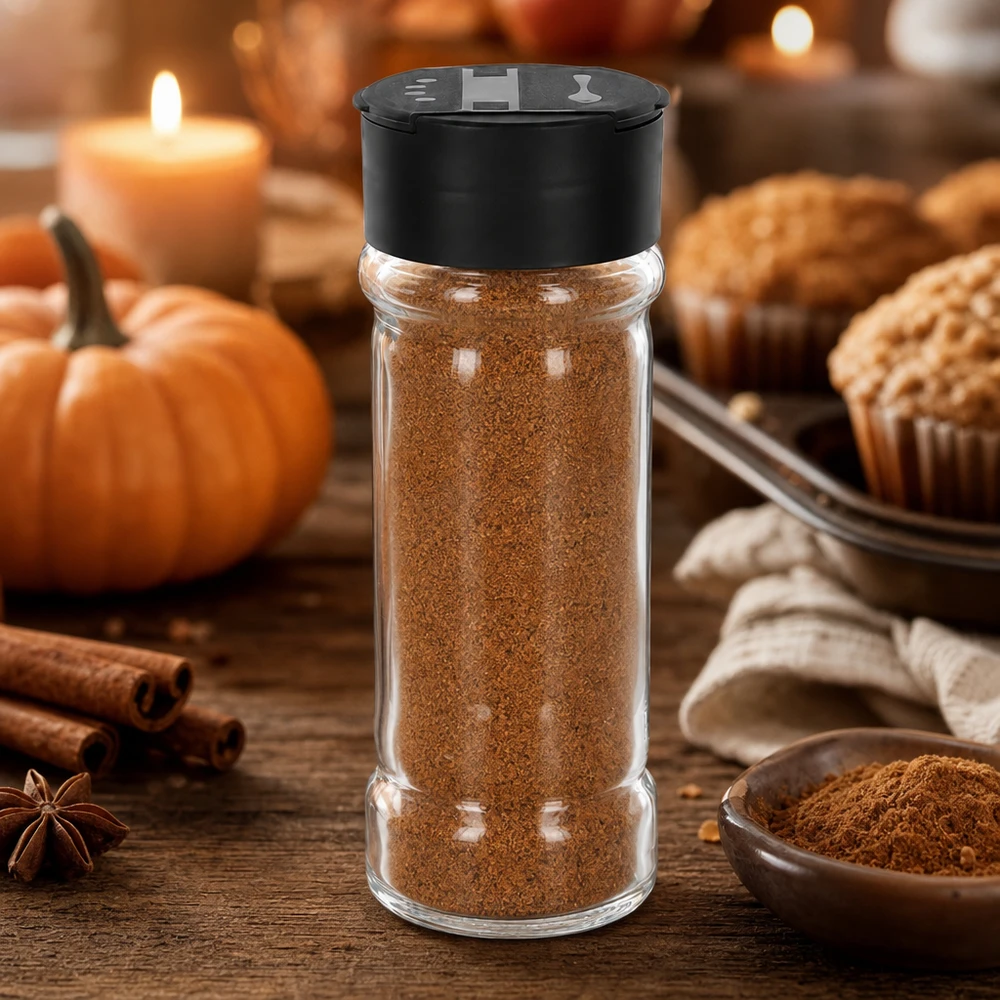 Pot à sel/épices 100 ml avec double saupoudreuse, noir Transparentes Gewürzglas 100ml mit schwarzem Streuerdeckel neben frisch gebackenen Muffins