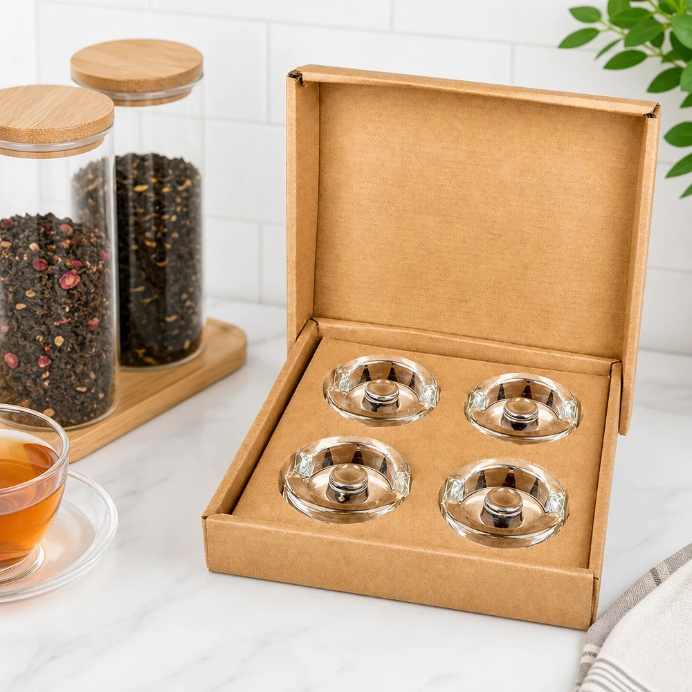 Set di 4 pesi per barattoli da fermentazione UNiTWIST in scatola di cartone accanto a barattoli da tè in vetro e barattoli per spezie con coperchi in legno