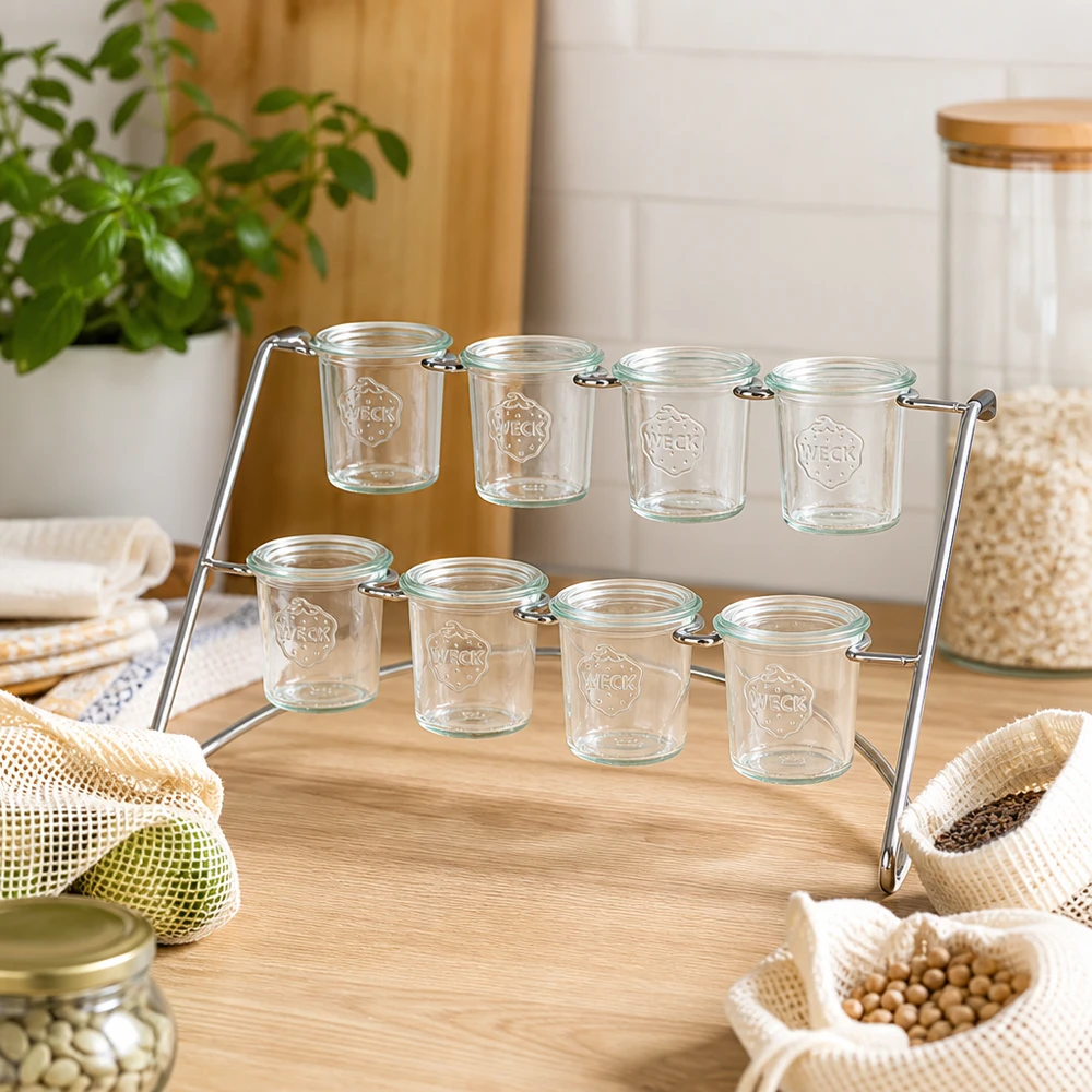 Présentoir Flato8 pour 8 bocaux WECK Serviergestell Flato8 mit leeren WECK Sturzgläsern in natürlicher Küchenumgebung mit Bio-Produkten und Nachhaltigkeit