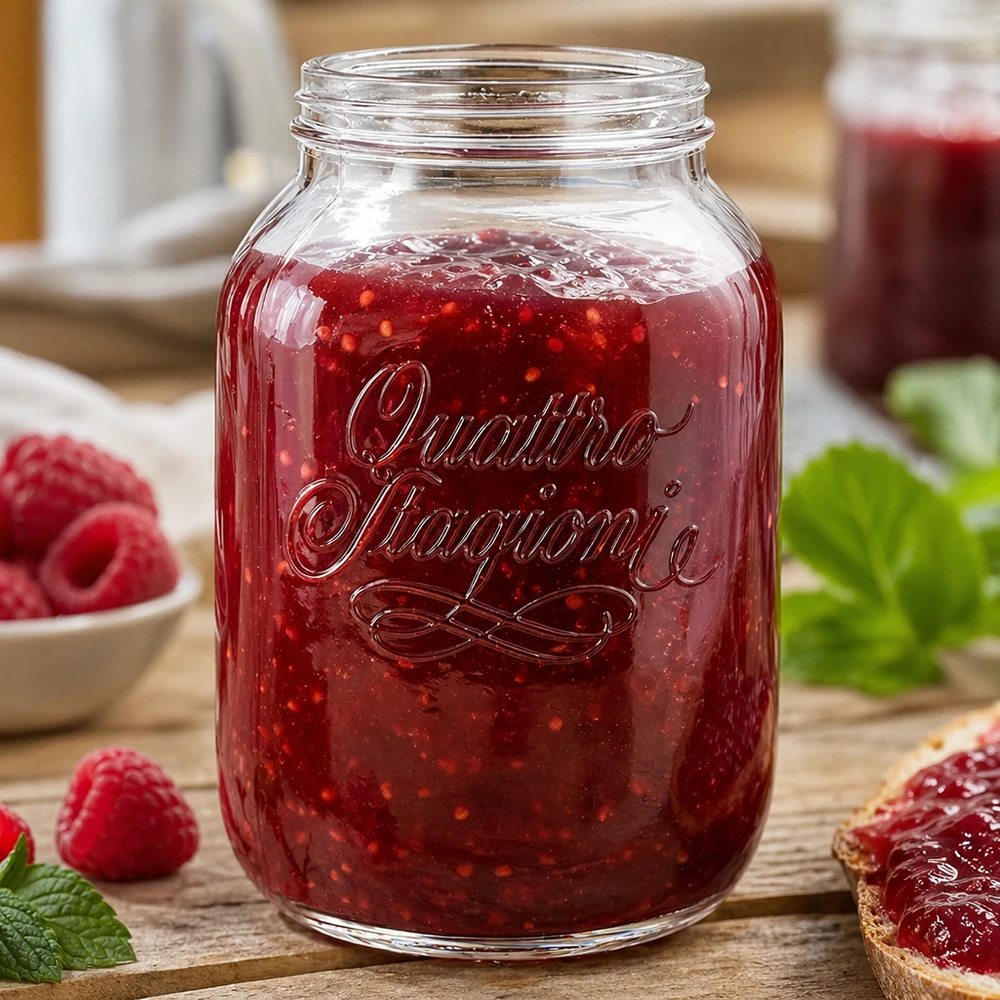 Vaso da 3000ml per uso domestico "Quattro Stagioni Vasetto casalingo Quattro Stagioni da 3000 ml pieno di marmellata rossa accanto a fragole fresche su un tavolo di legno