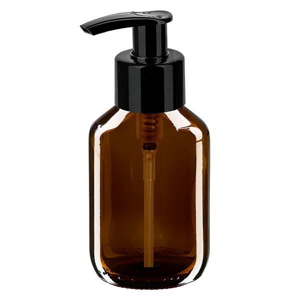 Flacone per medicinali da 100 ml marrone, con pompa dosatrice nera ApoGl Flacone per medicinali da 100 ml marrone, con pompa dosatrice nera ApoGl