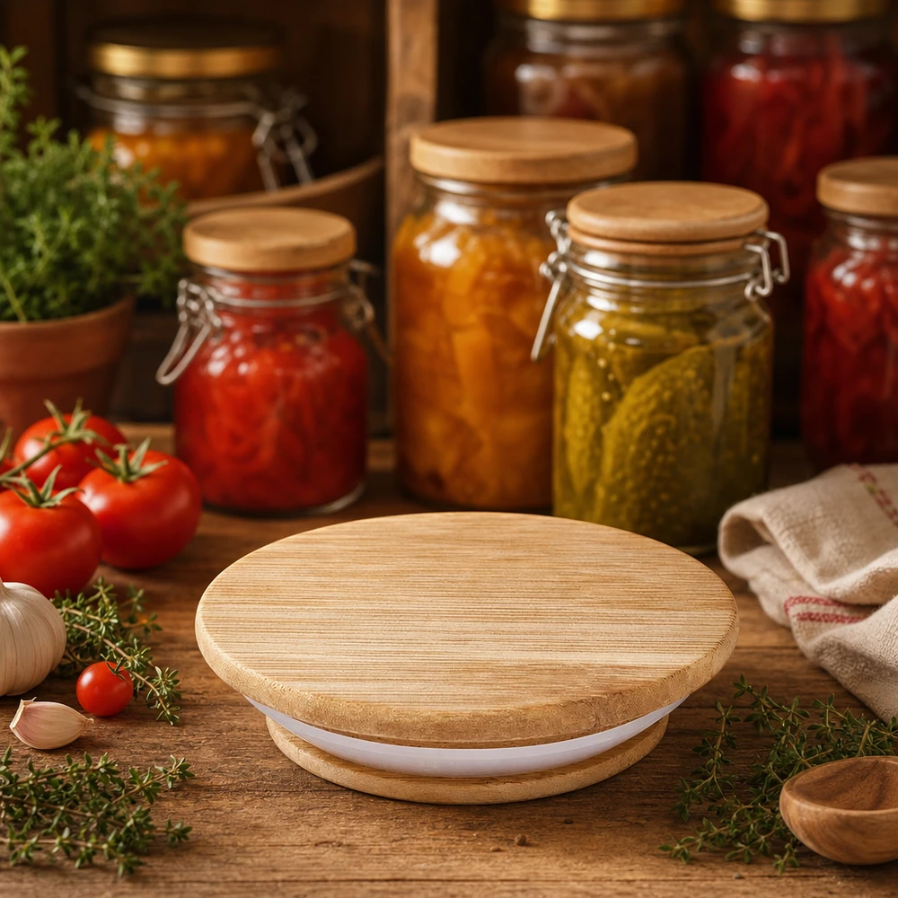 Coperchio in legno versione "A" per WECK RR80 Coperchio in legno WECK RR80 in cucina rustica con barattoli per la conservazione di pomodori cetrioli ed erbe fresche scena lifestyle