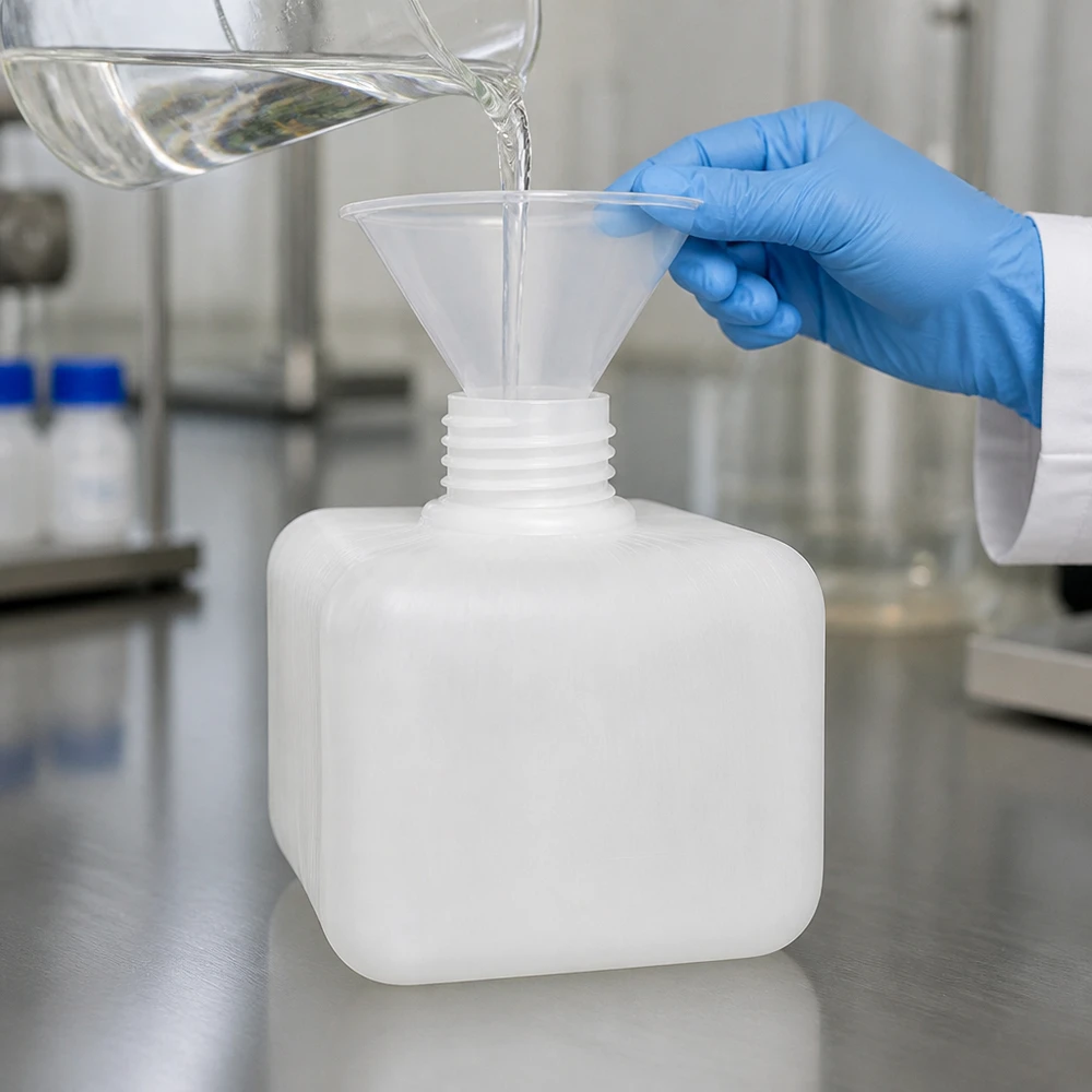 Un technicien de laboratoire, équipé de gants de protection, remplit un flacon de produits chimiques en PE-HD à col étroit de 250 ml, bouchon GL28, à l'aide d'un entonnoir.