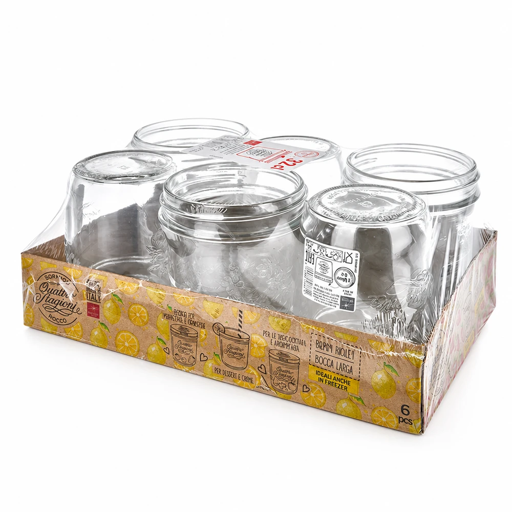 320ml Sturzglas "Quattro Stagioni" QS86mm 6er Set Quattro Stagioni Sturzgläser 320ml mit Schraubdeckel in Verkaufsverpackung für Einmachen und Konservieren