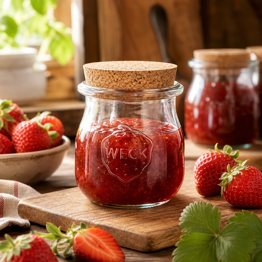 Vaso a tulipano da 75ml WECK RR40 con tappo in sughero naturale WECK vaso a tulipano 75ml con tappo di sughero riempito di marmellata di fragole su tavola di legno circondata da fragole fresche Scena di cucina
