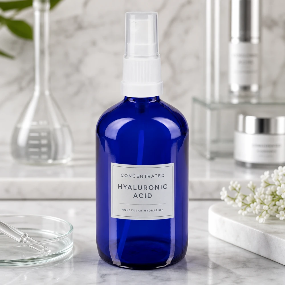 Apothekenflasche blau 100ml Sprayaufsatz weiß Runde blaue Apothekerglasflasche 100ml Standardform mit weißem Zerstäuberkopf für Naturprodukte