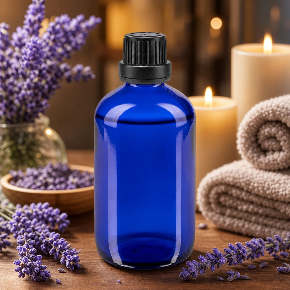 Dunkelblaue 100ml Apoglas Flasche mit Originalitätsband schwarz für Naturkosmetik