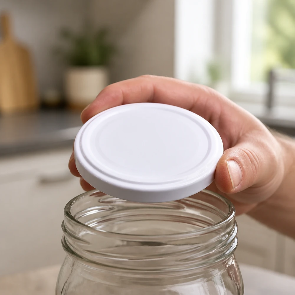 Hand setzt UNiTWIST TO43 BPA-freien unitemp Metalldeckel auf transparentes Vorratsglas