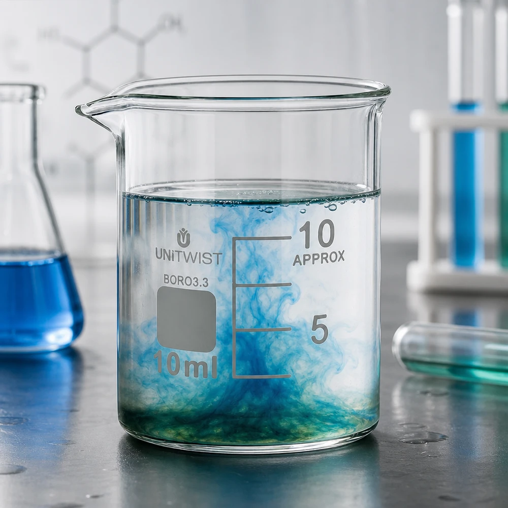 Bicchiere da 10 ml in borosilicato, a basso stampo UNiTWIST UNiTWIST Boccetta in vetro borosilicato 3.3 da 10 ml, forma bassa, con reazione blu-verde in laboratorio