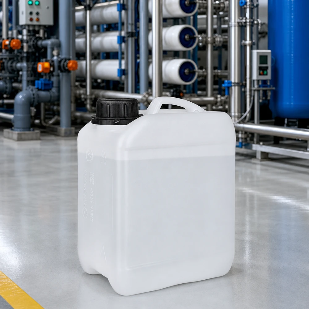 Bidon de 2.5 litres avec bouchon vissable bouchon d'inviolabilité Bidon rectangulaire de 2,5 litres en PEHD, muni d'un large bouchon à vis, destiné à une station de traitement de l'eau